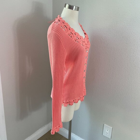NEW Soft Surroundings Womens Large Coral Crochet Trim Cardigan Sweater Ribbed - Picture 3 of 12